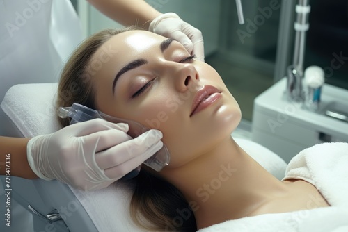 A woman enjoying a relaxing facial massage treatment at a professional beauty salon, Woman getting face beauty treatment in medical spa center, AI Generated