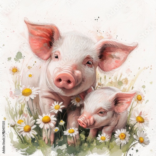 Whimsical Watercolor Piglet Learning to Squeal from Mother in Daisy Field Generative AI