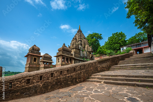 Maheshwar  Madhya Pradesh  India - August 25  2023  Exterior shots of the scenic tourist landmark Maheshwar fort and temple. This monument is on the banks of the Narmada River.
