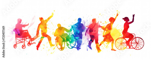 Colorful art watercolor painting depicts a diverse group of International Day of Disabled Persons, disability day, world on the wheelchair wheel, Autistic Awareness Day, healthcare concept