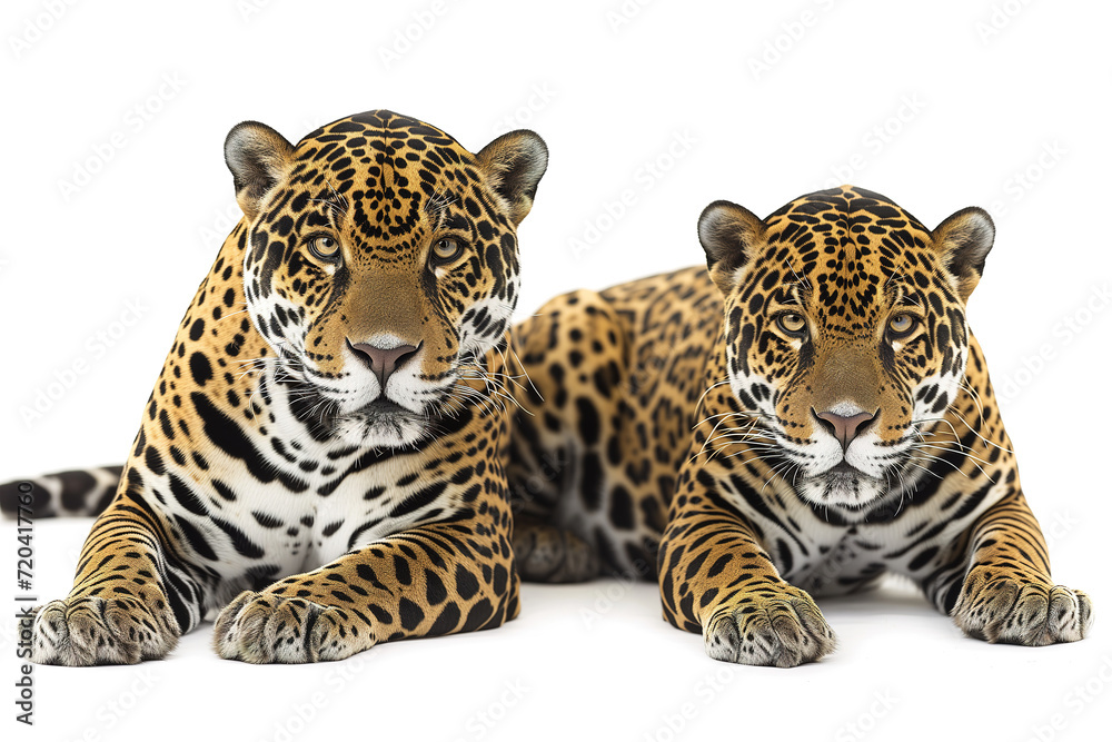Obraz premium Two jaguars. Couple of wild cats are laying together, isolated on white background. Safari animals themes
