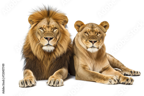 Lion and lioness are laying together, isolated on white background