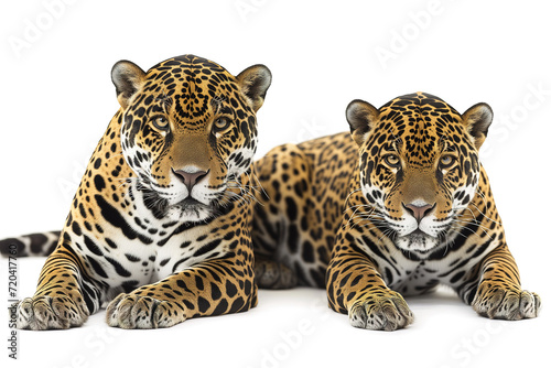 Two jaguars. Couple of wild cats are laying together  isolated on white background. Safari animals themes