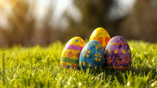 Easter card background, Easter card, Easter painted eggs on grass, generated AI