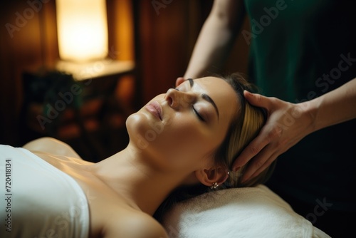A woman indulging in a relaxing massage session at a serene and tranquil spa, woman receiving facial massage, AI Generated