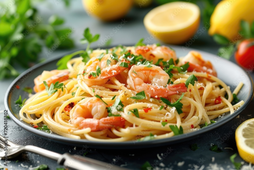A spaghetti dish topped with shrimp. Generative Ai.