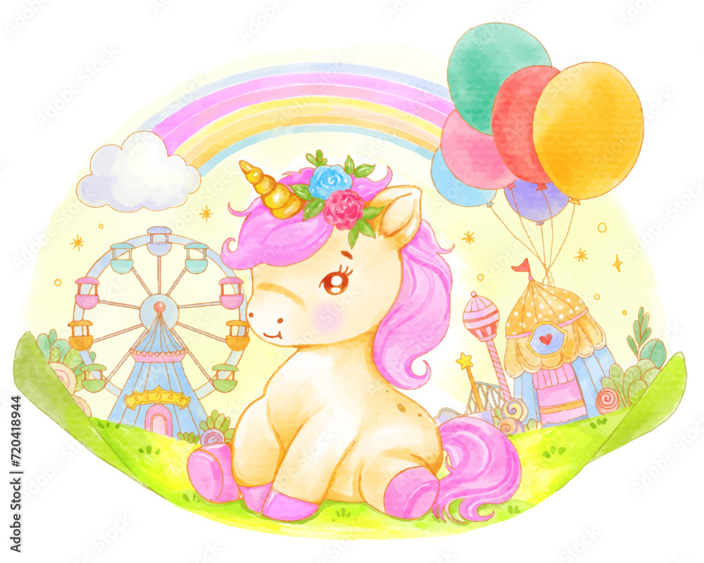 Naklejka premium Illustration of a cute unicorn with a rainbow, balloons, and a carnival, perfect for children’s fantasy themes.