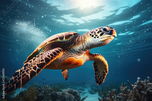 Green sea turtle swimming in the ocean. Underwater world. 3d rendering, Green sea turtle swimming in turquoise sea water, captured through an underwater photo, AI Generated © Ifti Digital