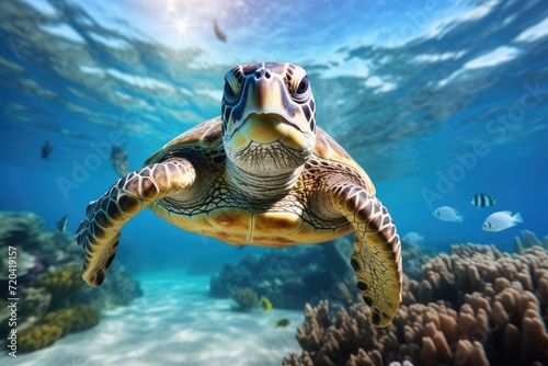 Green sea turtle swimming in the blue ocean. Underwater shot  Green sea turtle swimming in turquoise sea water  captured through an underwater photo  AI Generated
