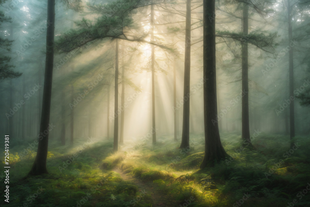 Obraz premium A serene misty forest with sunlight filtering through the trees