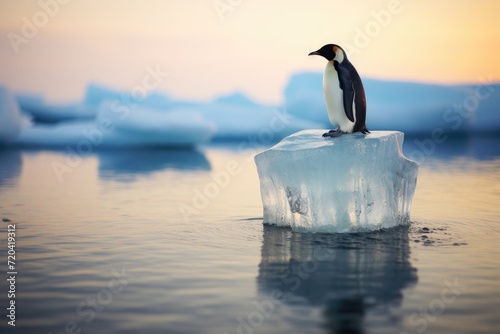 Penguin sitting on a block of ice in the ocean, single penguin on a piece of ice, AI Generated