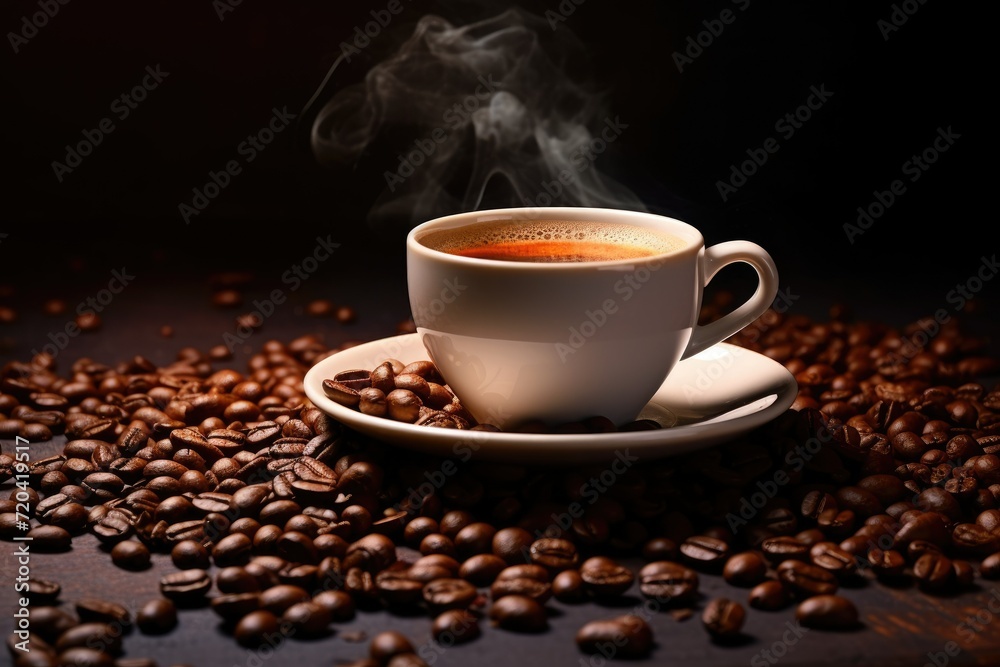 Black coffee in a luxurious cup with smoke and coffee beans on wooden table, AI generated Black coffee in a luxurious cup with smoke and coffee beans on wooden table, AI generated