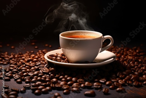 Black coffee in a luxurious cup with smoke and coffee beans on wooden table, AI generated © Tanu