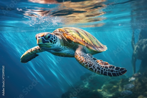 Green sea turtle swimming in deep blue ocean. 3D illustration, swimming turtle, AI Generated