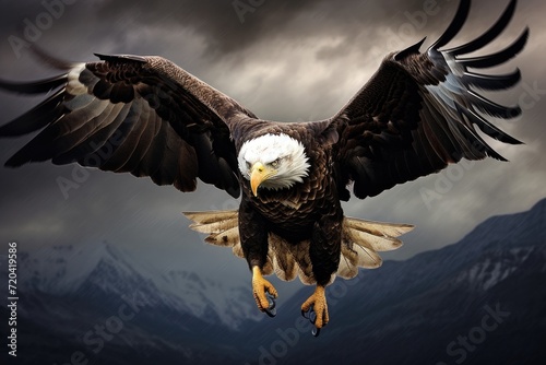 A stunning image capturing the beauty and strength of a bald eagle as it soars through the sky with its wings outstretched  The bald eagle while flying in the sky  AI Generated