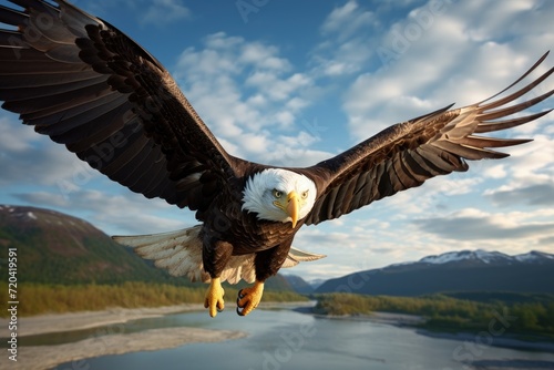 Witness a breathtaking sight as a bald eagle effortlessly glides through the air above a beautiful expanse of water, The bald eagle while flying in the sky, AI Generated