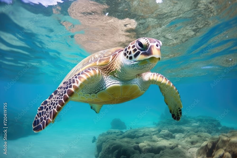 Obraz premium A green turtle gracefully glides through the crystal clear waters of the ocean, The green sea turtle, Chelonia mydas, Caribbean, Cayman Islands, AI Generated