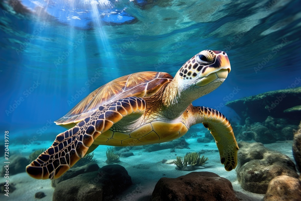 Obraz premium A stunning sea turtle gracefully glides through the crystal-clear ocean, showcasing its natural beauty, The green sea turtle, Chelonia mydas, Caribbean, Cayman Islands, AI Generated
