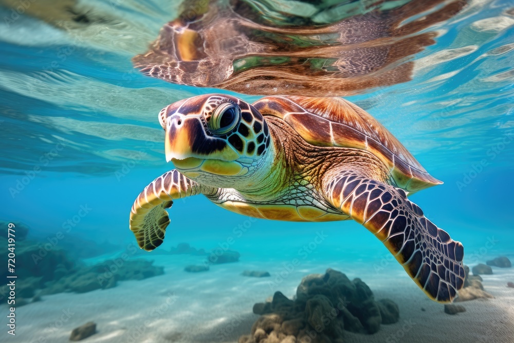 Obraz premium A green turtle gracefully glides through the vibrant blue waters of the ocean, The green sea turtle, Chelonia mydas, Caribbean, Cayman Islands, AI Generated