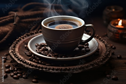 Black coffee in a luxurious cup with smoke and coffee beans on wooden table  AI generated