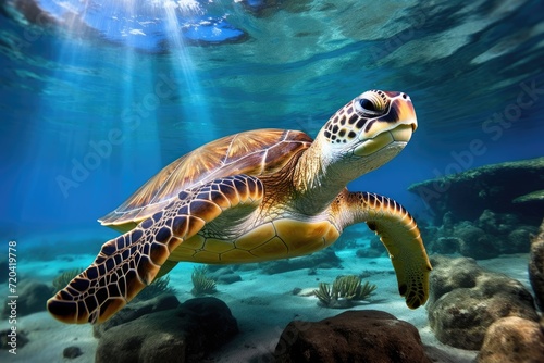 A stunning sea turtle gracefully glides through the crystal-clear ocean, showcasing its natural beauty, The green sea turtle, Chelonia mydas, Caribbean, Cayman Islands, AI Generated © Ifti Digital