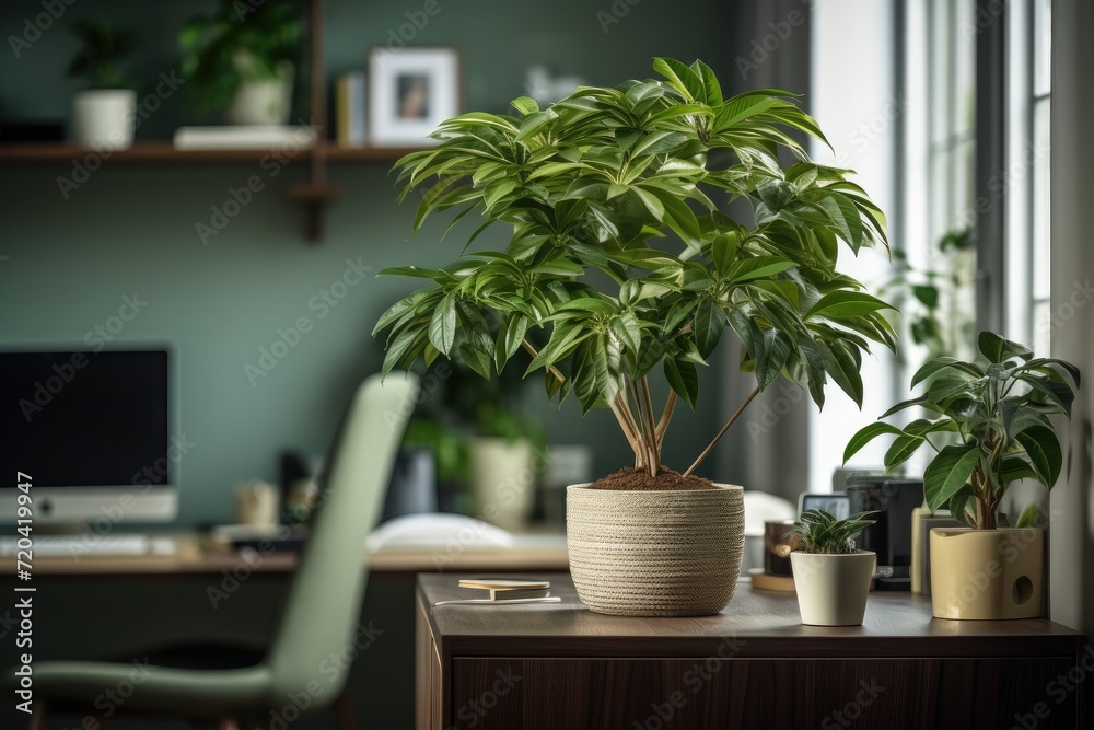 A potted plant sits on top of a weathered wooden table, surrounded by the rustic beauty of the great outdoors, Working at home houseplant, AI Generated A potted plant sits on top of a weathered wooden table, surrounded by the rustic beauty of the great outdoors, Working at home houseplant, AI Generated