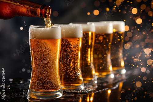 Collection of different types of beer. draft beers in different beer glasses. Set of beer glasses isolated on black background. Glassware with fresh beer. Variety of craft beer. Pouring drinks into 