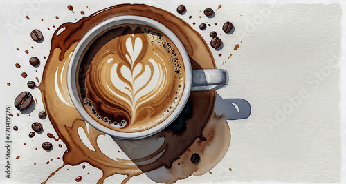 Coffee with latte art. Viewed from above. Smeared brown paint. Illustration in watercolor style.