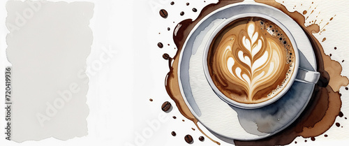 A cup of coffee with latte art. Viewed from above. Smeared brown paint. Illustration in watercolor style.
