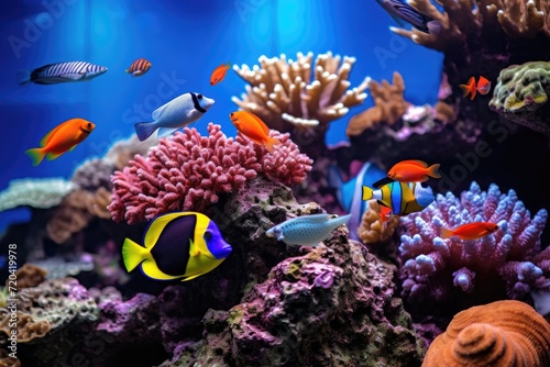 A mesmerizing scene featuring a variety of brilliantly colored fish swimming in a large and lively fish tank, tropical fish on a coral reef, AI Generated