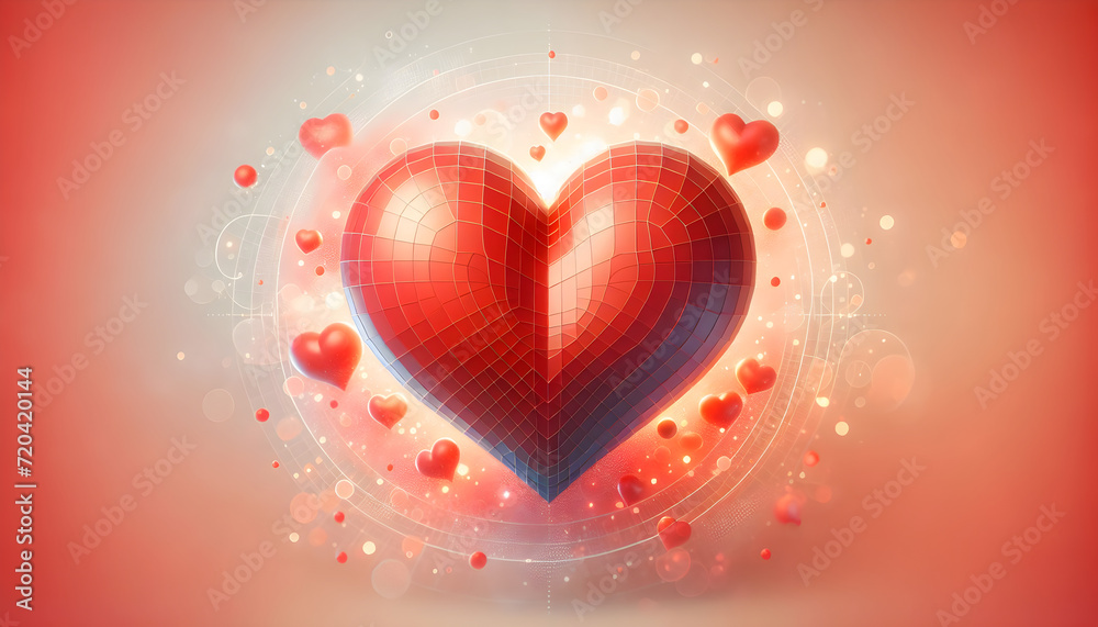 a large RED heart in a modern style against an abstract soft peach fuzz background of bokeh lights and blurred spots of color red on a light background, using heart shapes