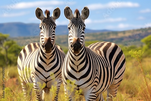 Two zebras confidently standing side by side in a vast and green field, showcasing their beautiful stripes, Two plains zebras Equus burchelli in natural habitat, South Africa, AI Generated © Ifti Digital