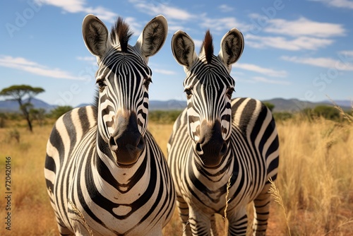 Two zebras standing side by side in a field  showcasing their majestic and beautiful black-and-white stripes  Two plains zebras Equus burchelli in natural habitat  South Africa  AI Generated