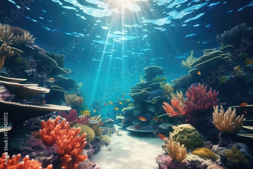 A stunning underwater scene of a coral reef with sunlight filtering through the crystal-clear water, Underwater view of tropical coral reef with fishes and corals, AI Generated © Ifti Digital