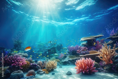 Explore the vibrant beauty of a coral reef as fish swim amongst the colorful corals, Underwater view of tropical coral reef with fishes and corals, AI Generated © Ifti Digital