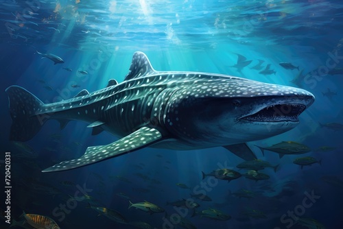 A breathtaking painting capturing the beauty of a whale gracefully navigating the deep blue sea, Whale shark is a big fish in the sea, AI Generated © Ifti Digital