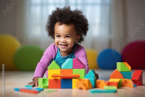 A young girl happily engrossed in building a structure with colorful blocks on the floor, young African American toddler playing with colorful wooden block toys, AI Generated