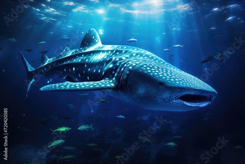 A breathtaking photo capturing a beautiful whale gracefully swimming among a multitude of fish in the vast ocean, Whale shark is a big fish in the sea, AI Generated