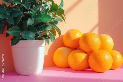 Oranges arranged in a cluster atop a table. Generative Ai.