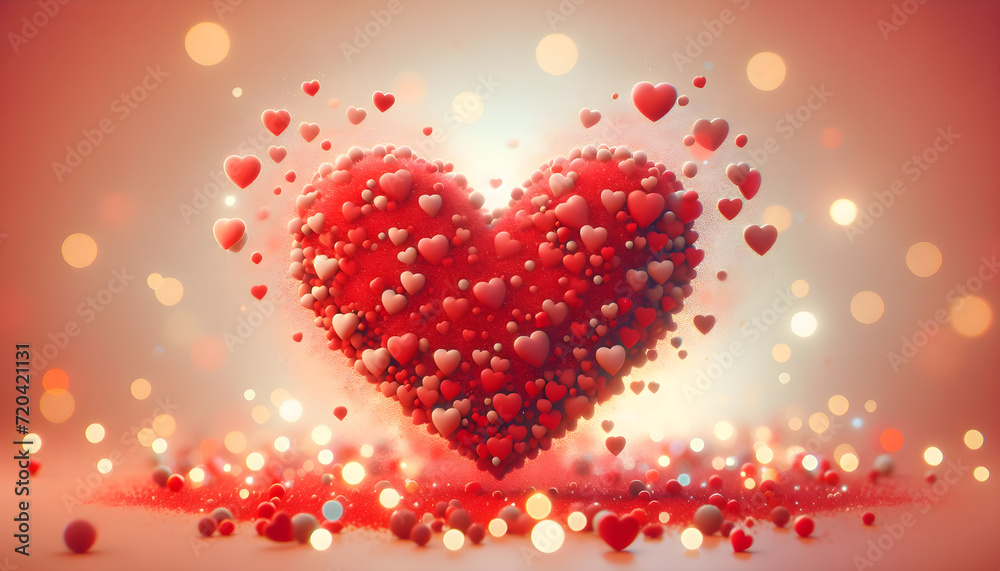 a large RED heart in a modern style against an abstract soft peach fuzz background of bokeh lights and blurred spots of color red on a light background, using heart shapes