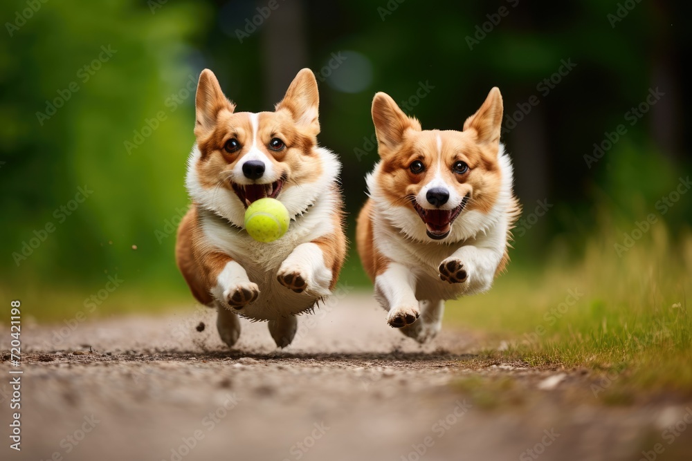 Two Welsh corgi dogs running with a ball, Energetic dogs running after a ball on a sunny day, AI generated Two Welsh corgi dogs running with a ball, Energetic dogs running after a ball on a sunny day, AI generated