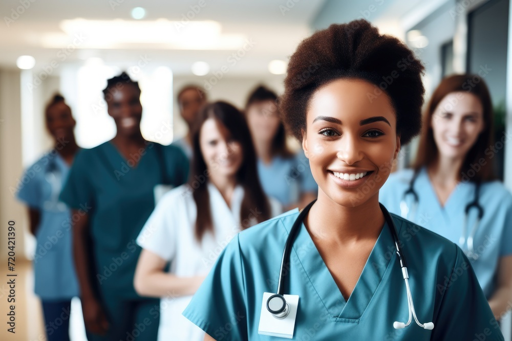 A gathering of nurses standing together in a hallway, ready to provide care and support, male doctor smiling and standing in a corridor, AI Generated A gathering of nurses standing together in a hallway, ready to provide care and support, male doctor smiling and standing in a corridor, AI Generated