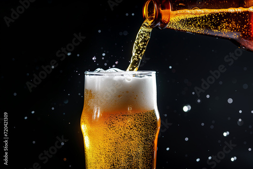 Beer is poured from dark brown bottle into beer glass. Close-up light fresh beer poured into glass steamed up from cold. Lager beer foams and pours from bottle into glass.