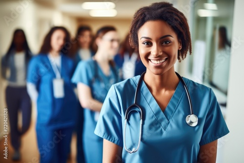 A group of nurses in their distinctive healthcare uniforms gathered together in a hallway, male doctor smiling and standing in a corridor, AI Generated