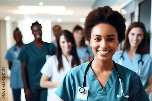 A gathering of nurses standing together in a hallway, ready to provide care and support, male doctor smiling and standing in a corridor, AI Generated