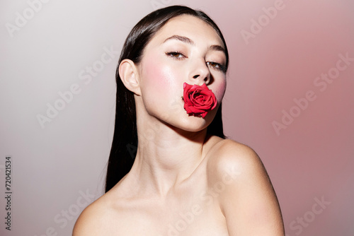 Perfect Sensual Lips: Glamourous Vogue Model with Red Lipstick and Healthy Skin