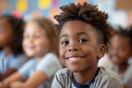 portrait of a smiling little boy in classroom