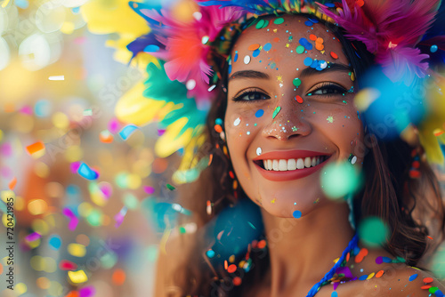 beautiful Latina woman enjoying Barranquilla carnival , blurred confetti background , selective focus