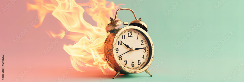 Burning retro alarm clock on a pastel background, as a metaphor for ...