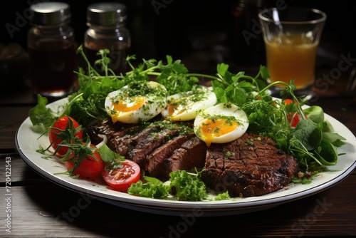 Yummy grilled beef steak, sliced and served with a green salad full of eggs! Delicious